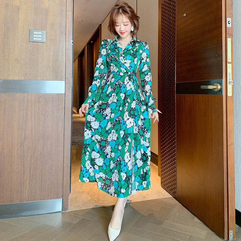 MIUCO茶歇裙印花收腰性感开叉优雅气质连衣裙女