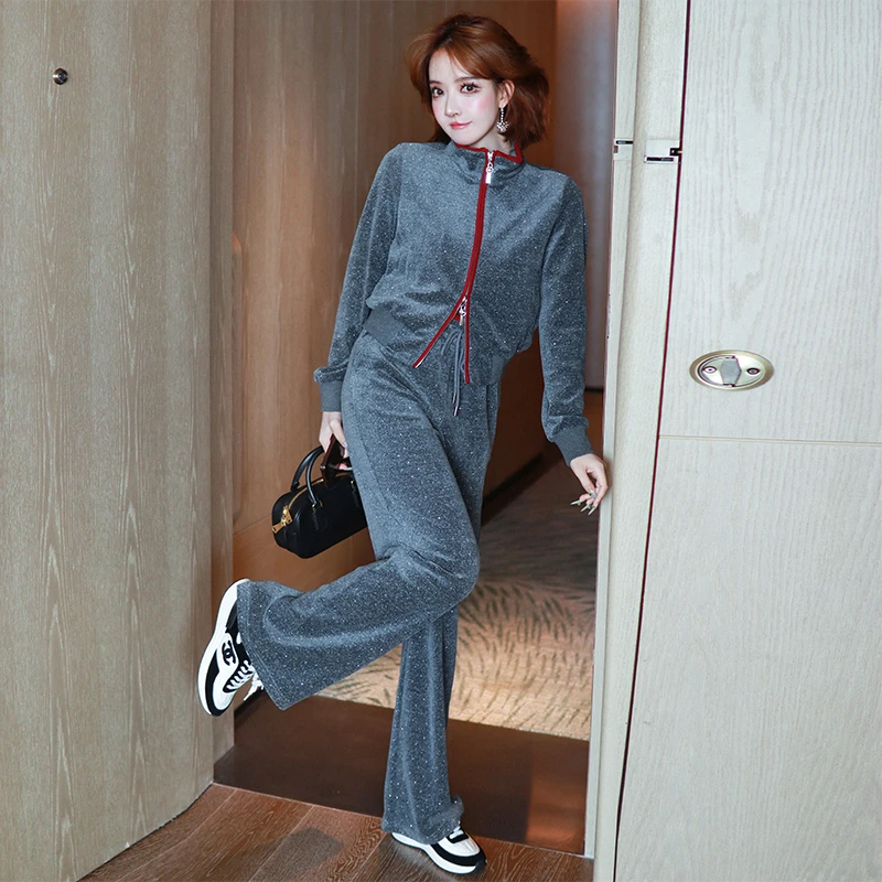 【现货】MIUCO深灰烫钻红边双拉链外套+休闲直筒阔腿长裤套装春秋