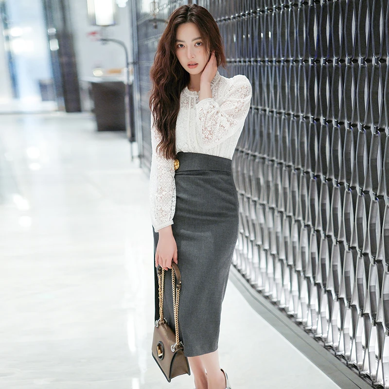 高腰褶皱直筒开叉半裙