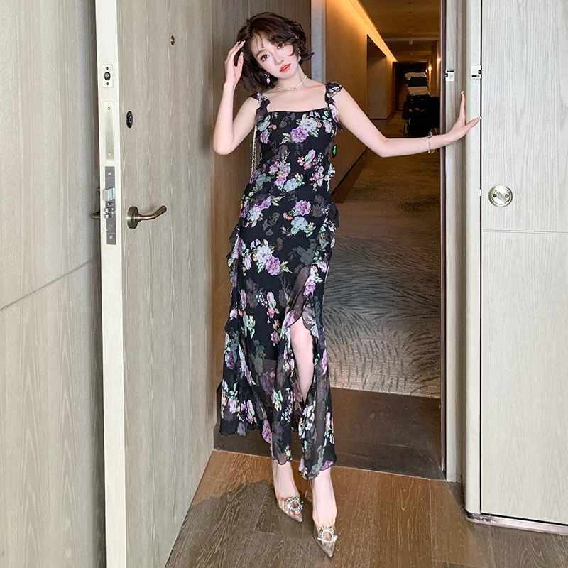 【现货】MIUCO浪漫紫色印花荷叶边吊带一侧性感开叉及踝连衣裙D3987