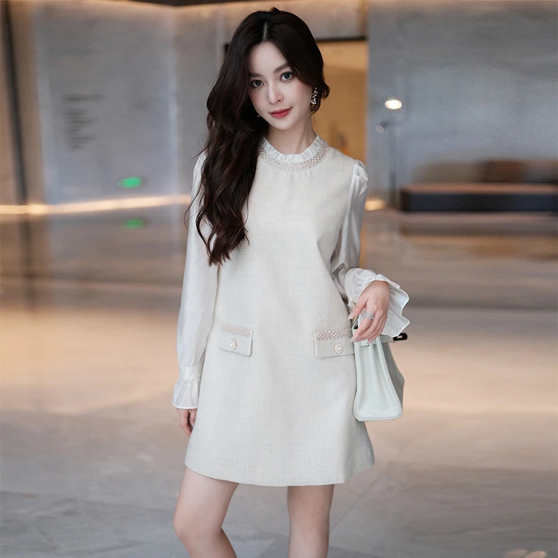 【现货】MIUCO木耳花边领串珠亮片喇叭袖拼接粗花呢高腰连衣裙