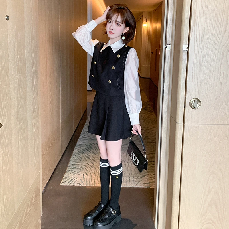 MIUCO假两件双排扣翻领衬衫+百褶半裙套装T7877S3562