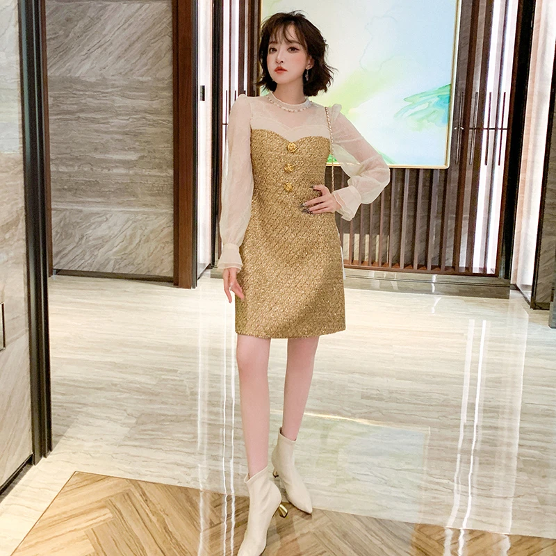 MIUCO立领串珠镶钻喇叭袖蕾丝纱拼接金丝粗花呢收腰连衣裙