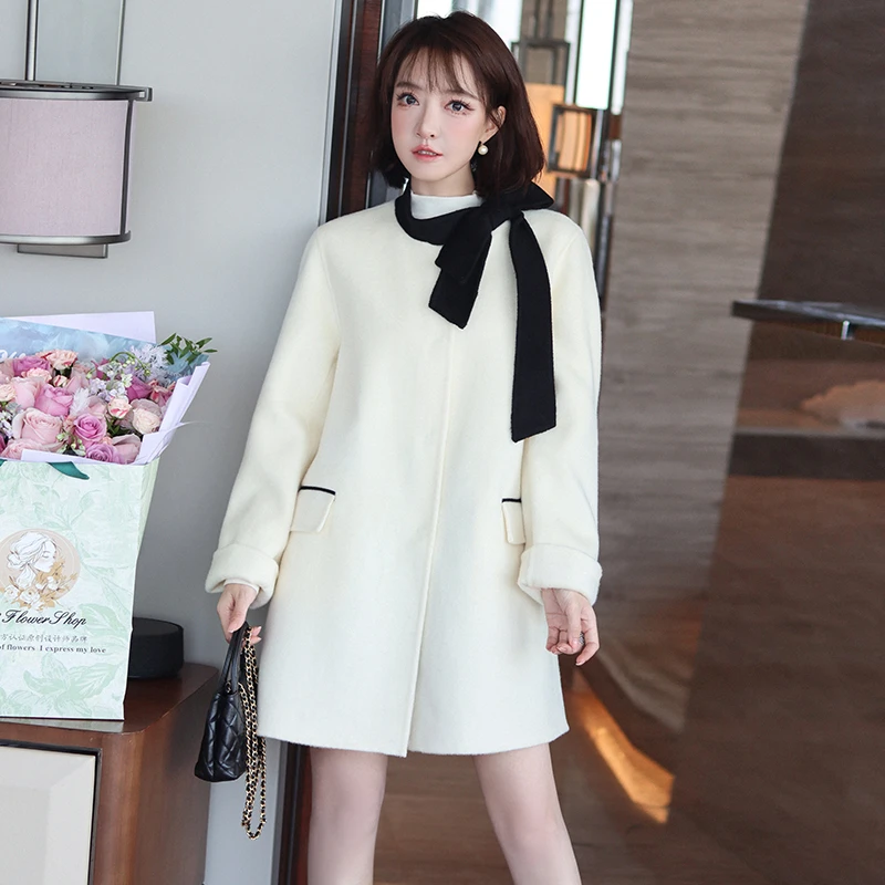 【现货】MIUCO双面呢撞色飘带领蝴蝶结系带A字型大衣女2024秋冬