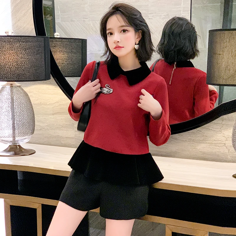 【现货】MIUCO撞色丝绒翻领钉钻天鹅荷叶边摆上衣