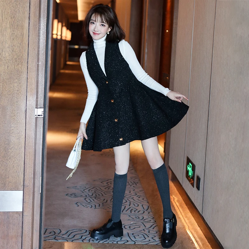 【现货】MIUCO裸肌轻柔高领打底衫+小香西装马甲A字大摆连衣裙