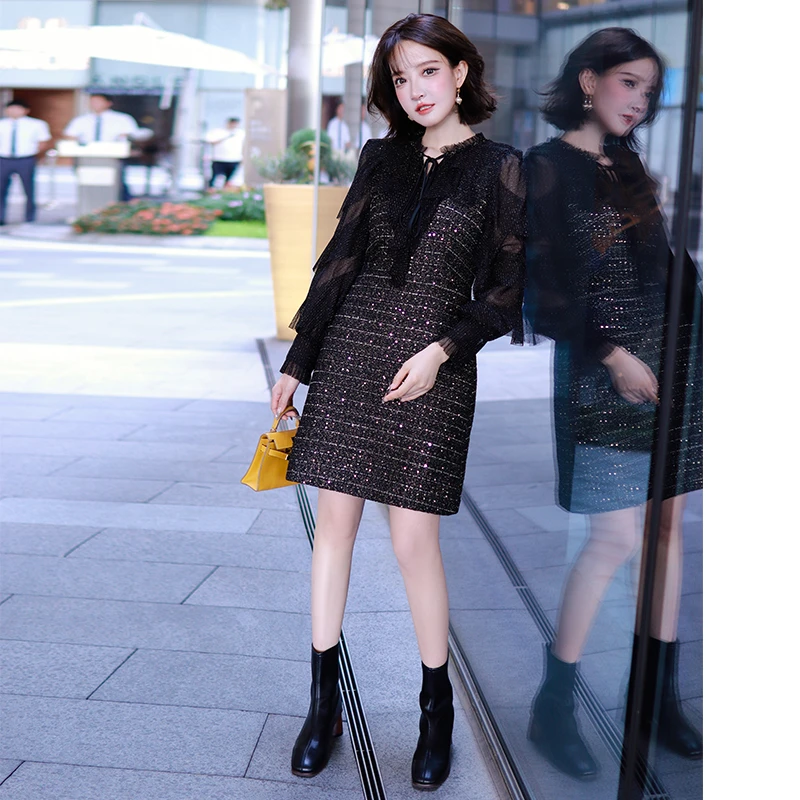 【现货】MIUCO黑色小香裙荷叶花边V领透视纱袖亮片粗花呢连衣裙