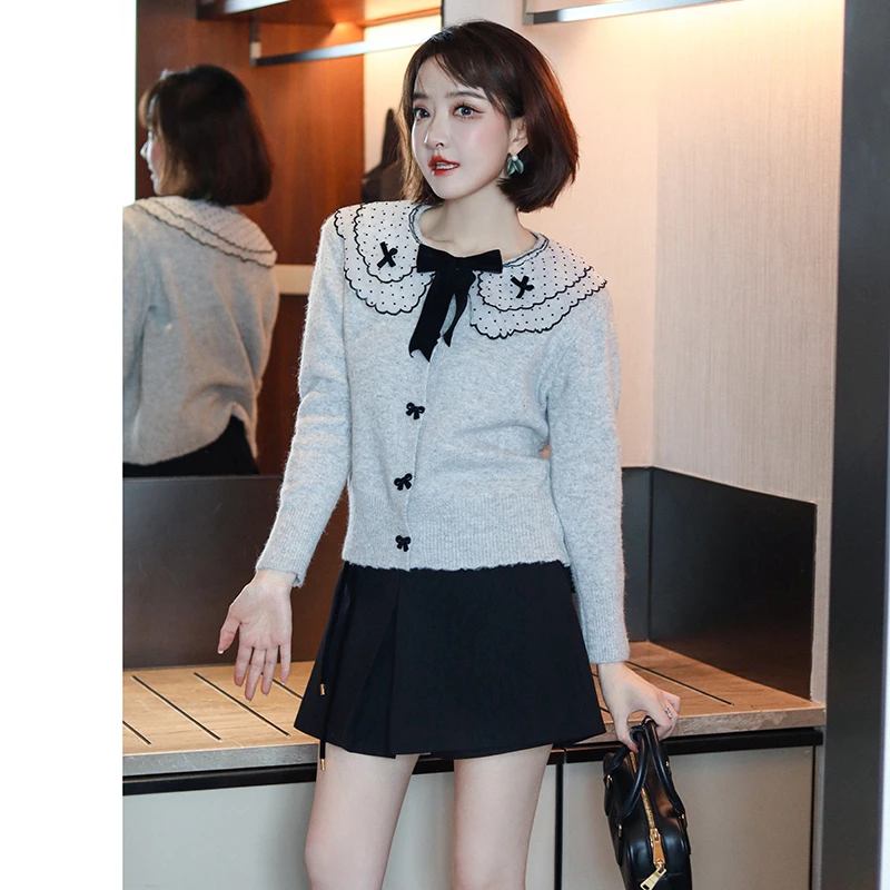 【现货】MIUCO波点刺绣网纱花边领蝴蝶结针织开衫