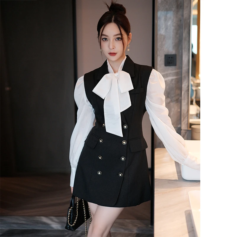 【现货】MIUCO经典大气西装马甲裙V领收腰双排扣A字摆背心连衣裙