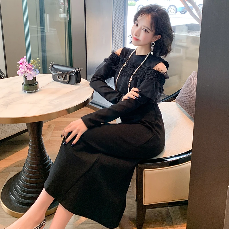 【现货】MIUCO礼服小黑裙女神气质露肩一字荷叶边修身开叉连衣裙