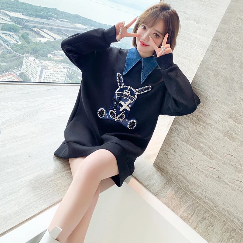 MIUCO钉珠镶钻卡通兔子假两件拼接牛仔翻领卫衣连衣裙