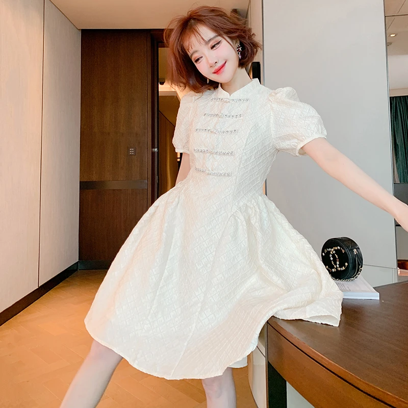 【现货】MIUCO白月光高奢定制提花镶钻扣泡泡袖连衣裙女装D1546