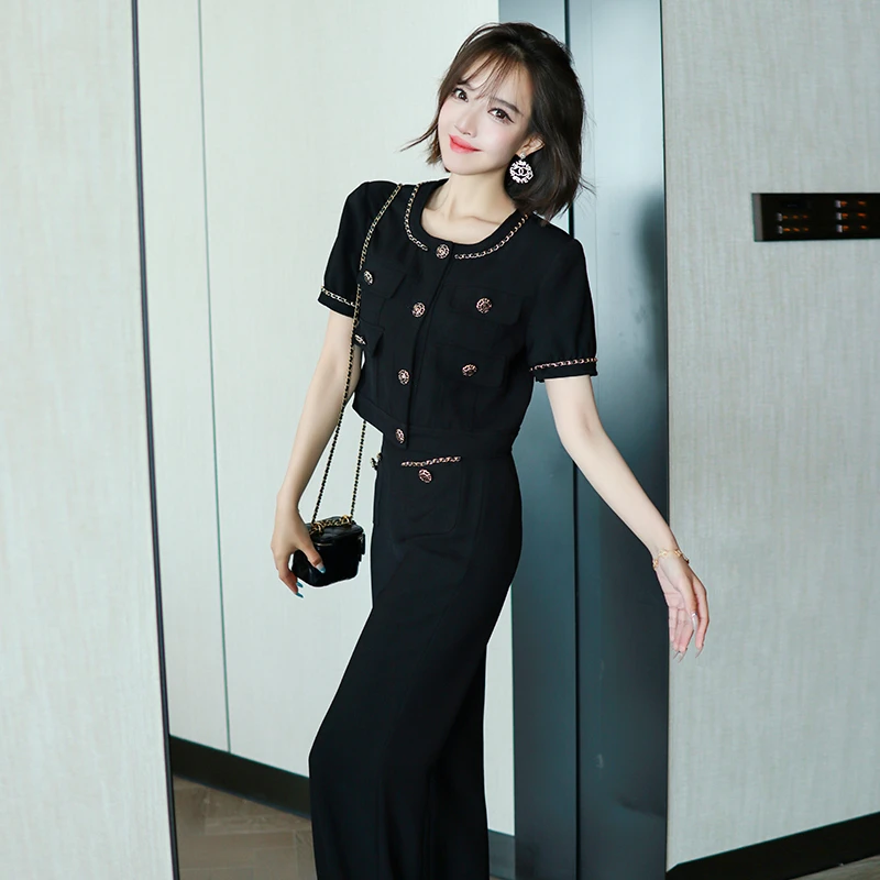 【现货】MIUCO优雅小香风黑金圆领短袖金属链定制纽扣短款上衣夏