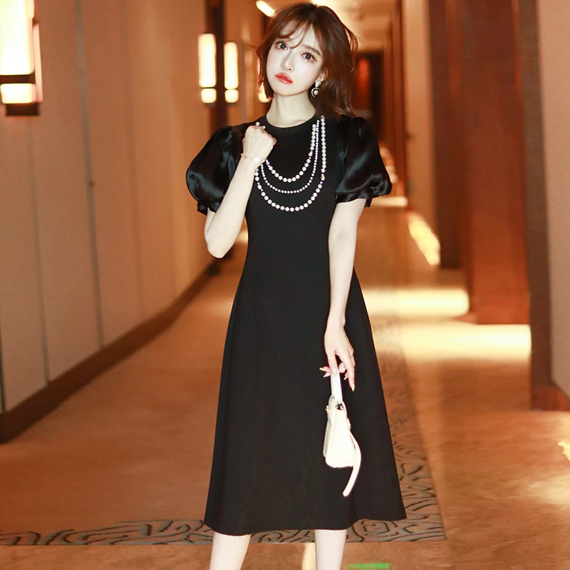 【现货】MIUCO轻奢高ji钉珠链礼服裙泡泡袖连衣裙D2919