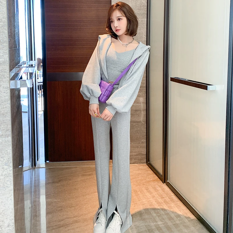 MIUCO连帽外套+吊带+中缝开叉运动休闲裤套装秋