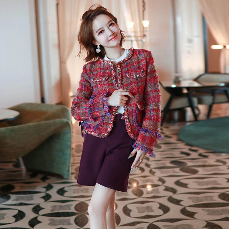 【现货】MIUCO撞色格子香风粗花呢彩色串珠流苏外套