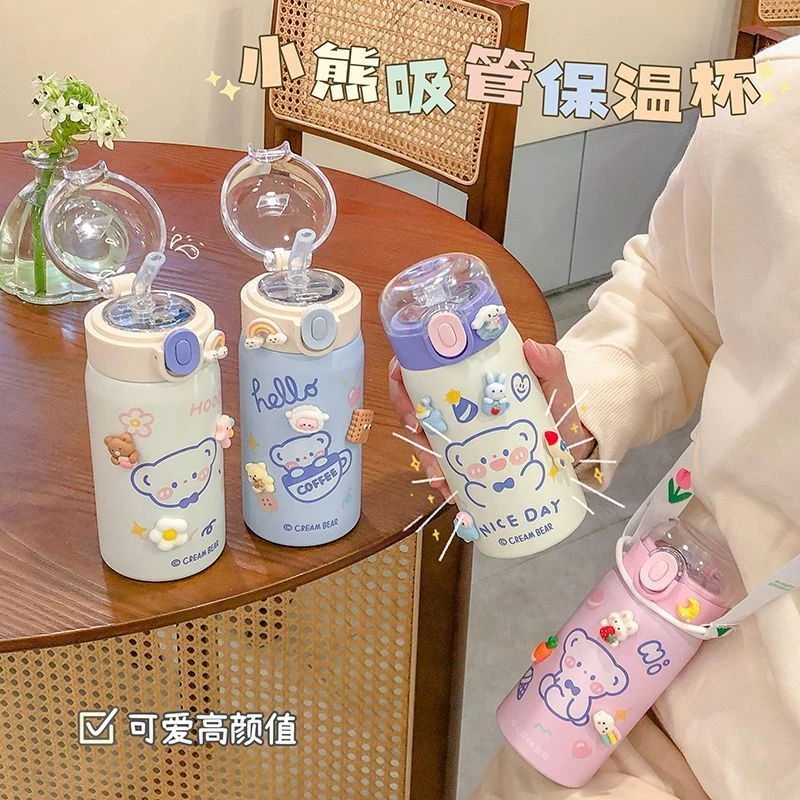 保温杯带吸管手提新款高颜值水杯少女心儿童清新2023可爱杯子简约