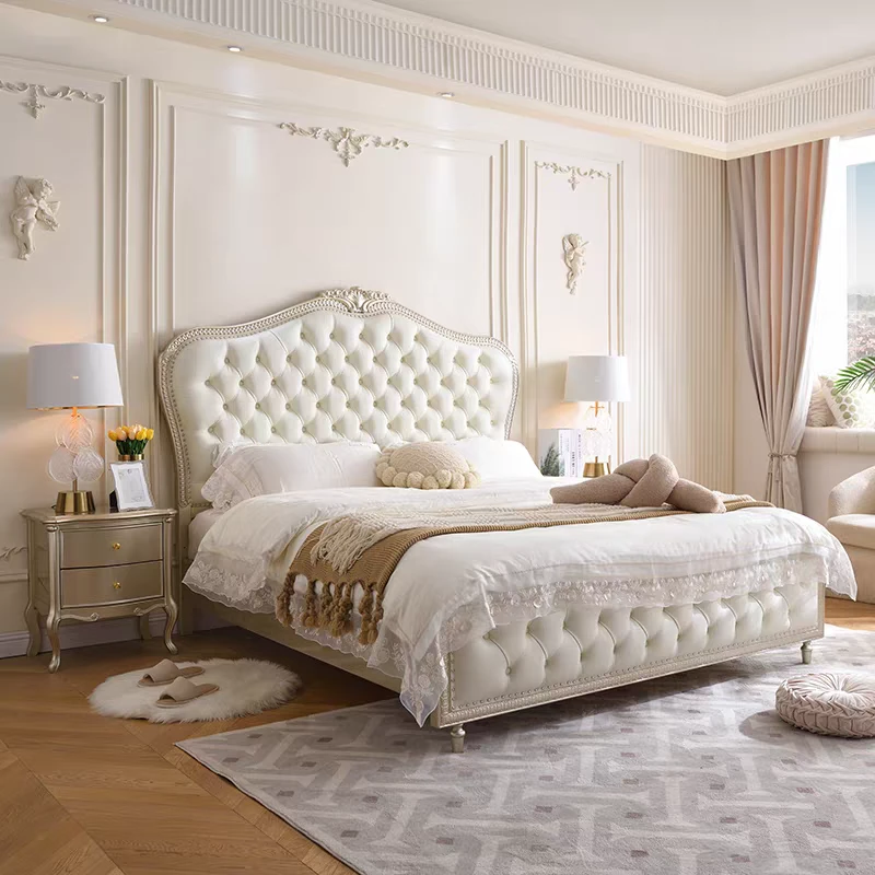 美式实木床现代简约1.8米主卧室双人床1.5米公主床欧式轻奢真皮床