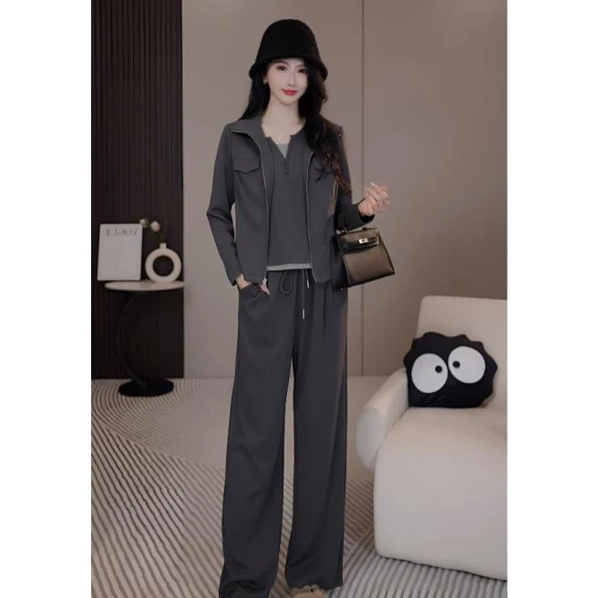 C-379秋季新款时尚简约修身百搭休闲运动设计感显瘦女装套装