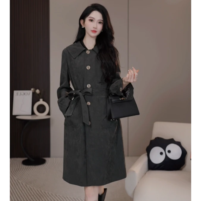 K-125秋冬高级感2024新款韩系宽松百搭中长款女装风衣外套