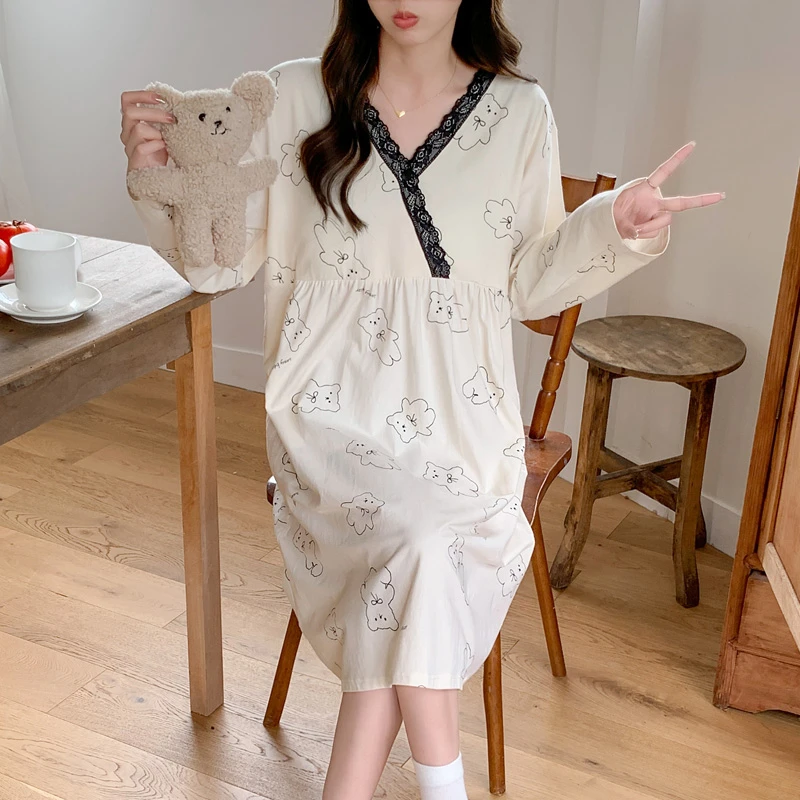 维雨带胸垫产后月子裙待产裙10-12月份秋冬纯棉孕妇睡衣哺乳睡裙