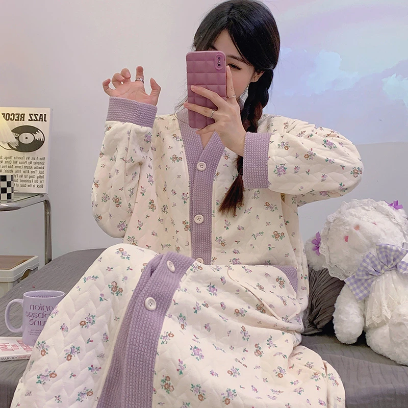 维雨带胸垫孕妇进产房待产裙冬哺乳期睡裙秋冬季医院生产裙月子裙