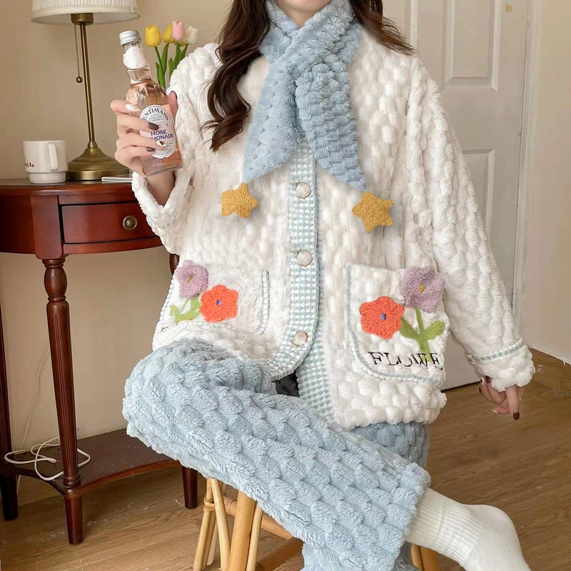 维雨加绒加厚孕妇睡衣秋冬珊瑚绒哺乳家居服高端月子服10-12月份