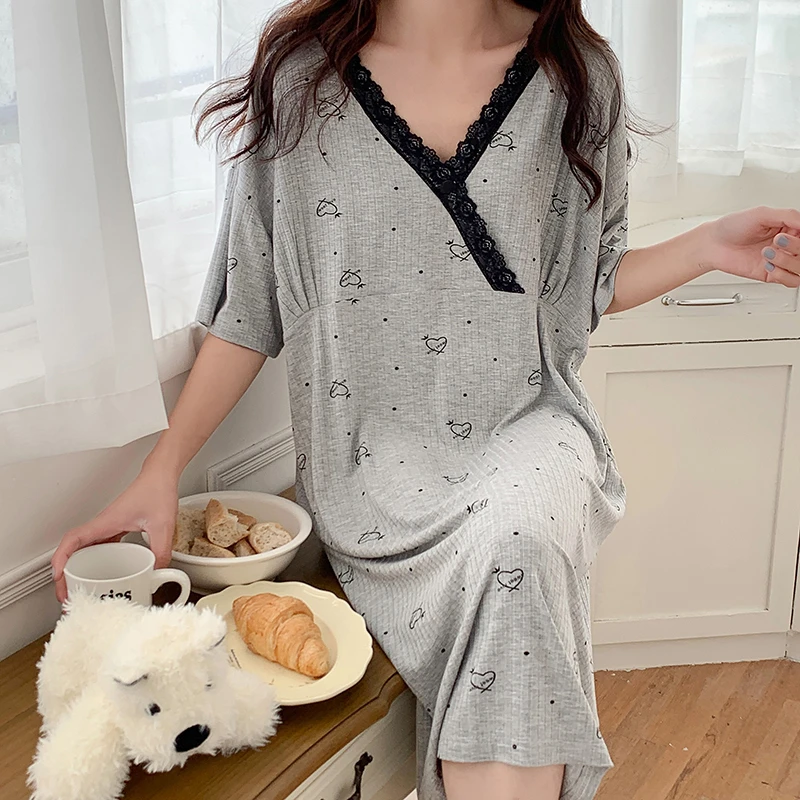 带胸垫孕妇睡裙免穿文胸夏季薄款短袖莫代尔待产裙哺乳睡衣月子裙