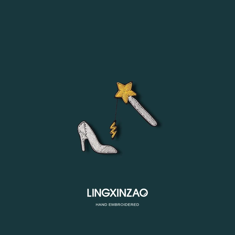 黄铜布艺胸针 法国创意设计格林童话灰姑娘高跟鞋刺绣胸针魔法棒