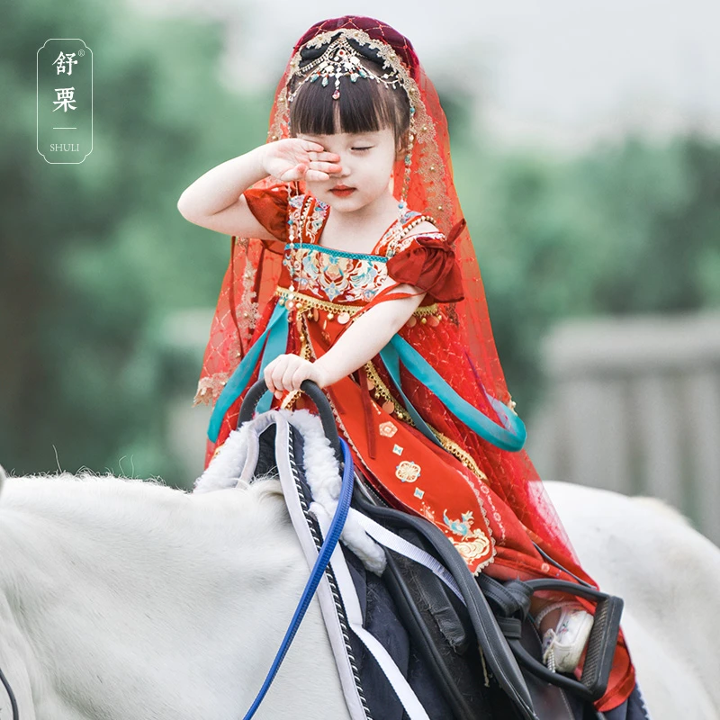 舒栗【楼兰】民族风汉服女童夏季红色中国风古风超仙儿童飘逸仙女