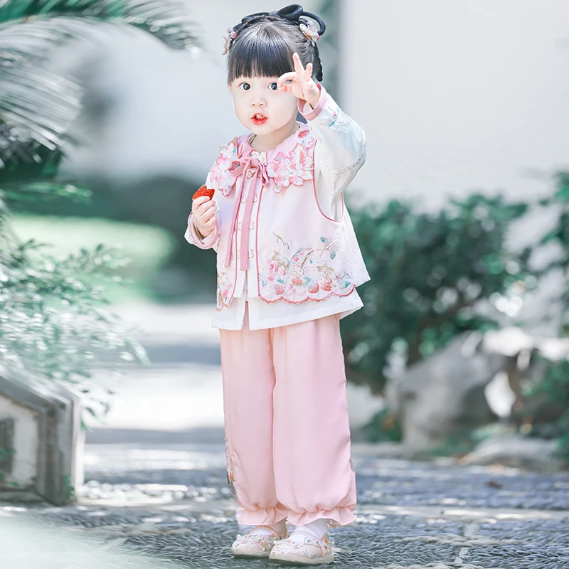 舒栗【草莓奶兔】2025春秋裤装3件套套装幼儿园儿童新中式汉服女童