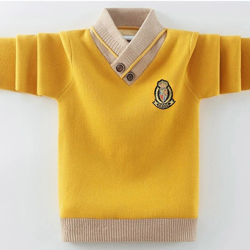 男童毛衣秋冬款新款儿童假两件加绒加厚针织童装中大童套头潮C1