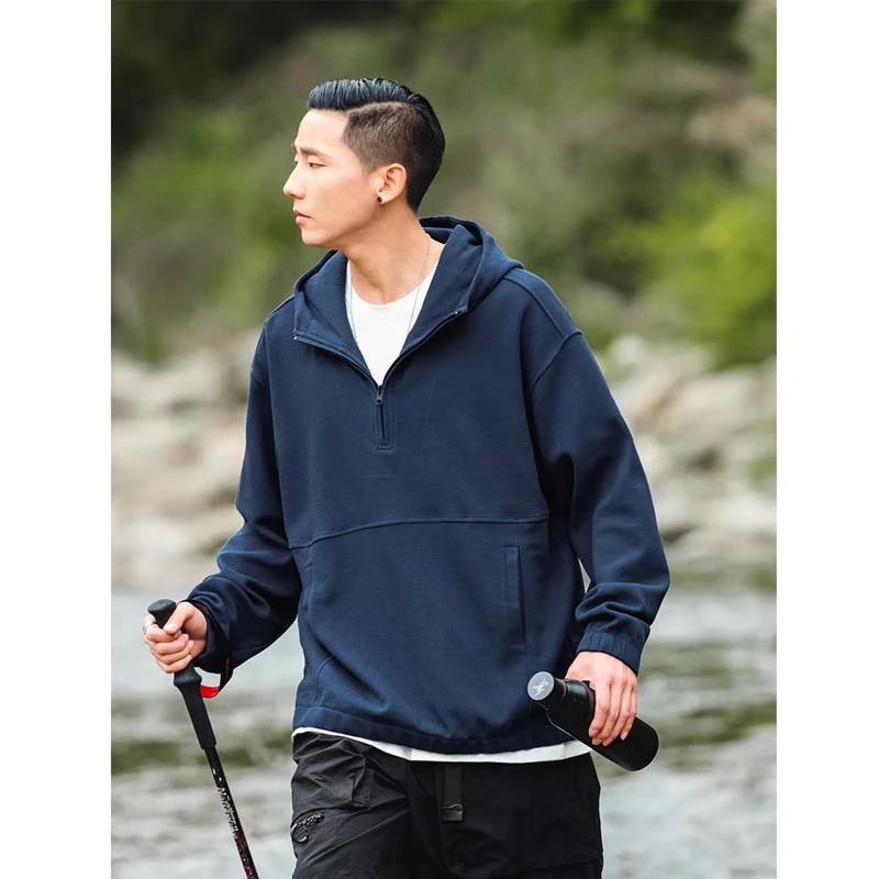 outwild 秋冬华夫格半开襟套头卫衣男 休闲连帽宽松外套 WW21627