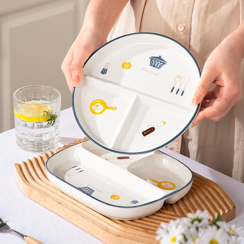 分餐盘陶瓷釉下彩三格分隔盘餐专用菜盘子家用早餐盘儿童饭盘