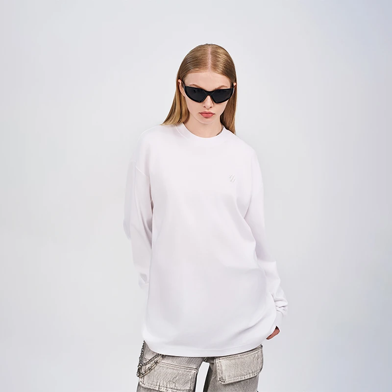 ULIYOU 美式潮牌基础情侣上衣打底衫秋季宽松纯色圆领长袖t恤男女