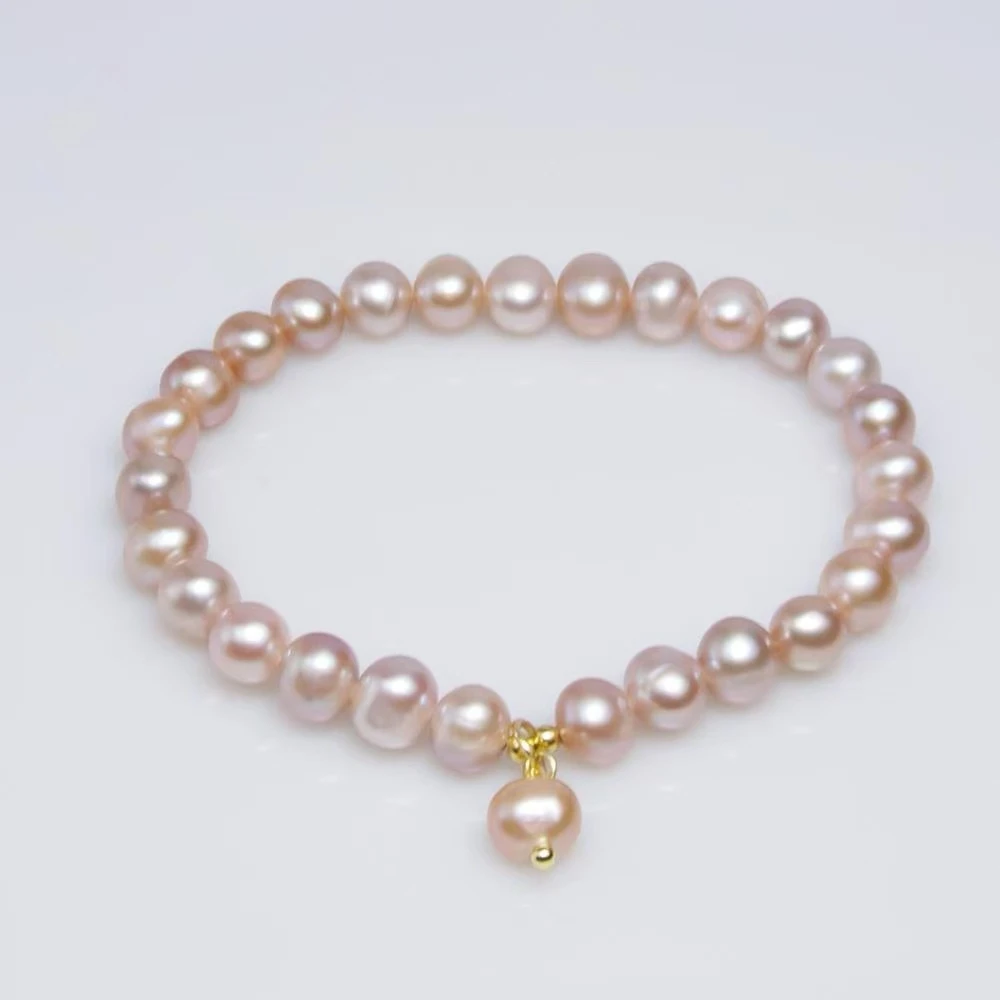 【紫叮当】6-7mm淡水无核珍珠紫粉色轻奢手链时尚素圈手串DSL00565