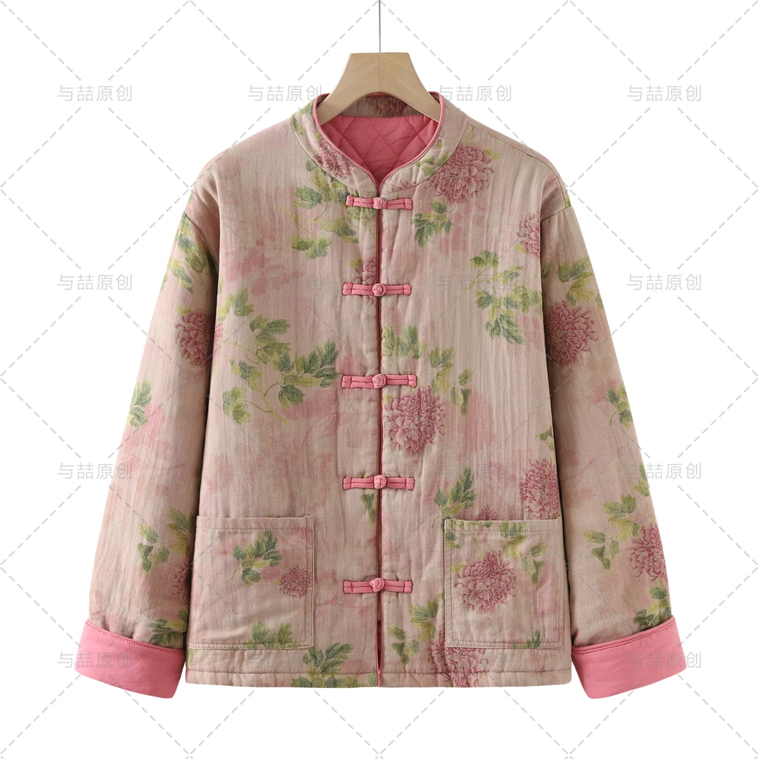 （与喆原创）24冬新品简约气质亚麻棉夹棉内里刺绣中长款棉服外套女