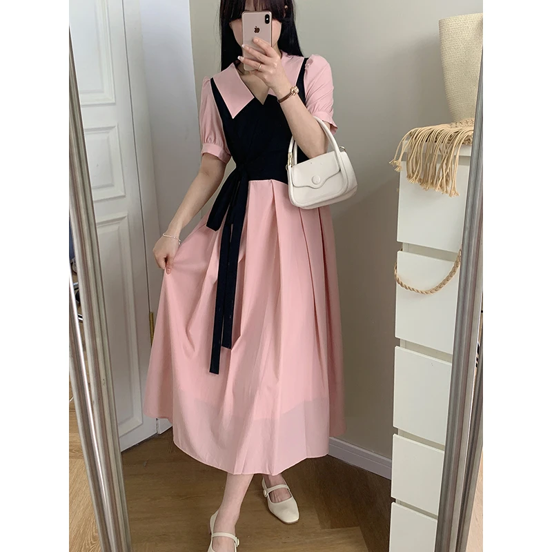 【宝莉日志-淑女裙】夏季微胖大码女拼接系带收腰短袖长款连衣裙