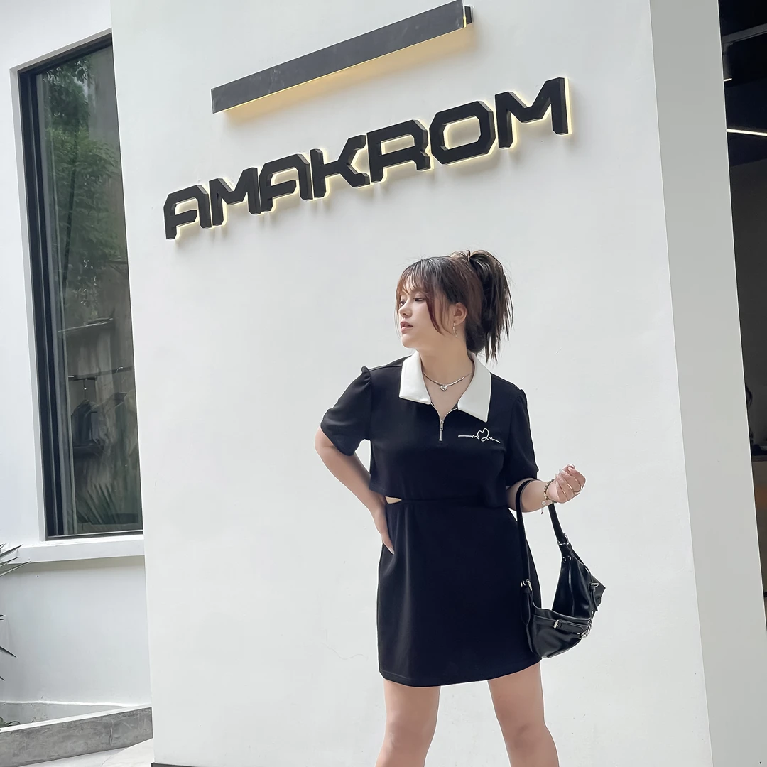 2024夏季新款微胖大码女装撞色拼接刺绣polo领短袖收腰A字连衣裙