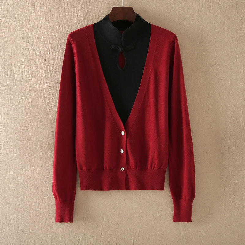 长袖针织衫毛衣毛衣假两件春秋上衣国风假二件套