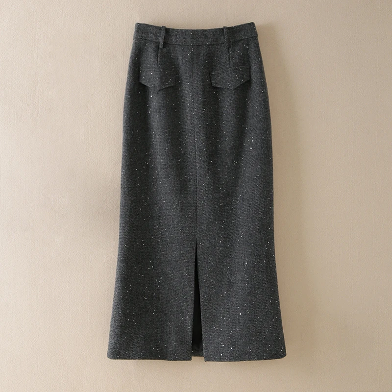 复古深灰爆款亮片毛呢两面式前开叉包臀秋冬直筒小鱼尾裙半身裙子