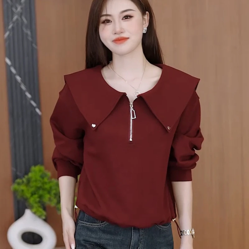 2024年秋冬季新款时尚百搭娃娃领卫衣洋气纯色显瘦长袖女休闲上衣