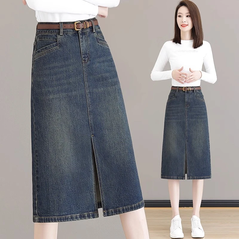 夏季新款中长裙牛仔裙女高腰显瘦百搭小个子半身裙开叉复古A字裙