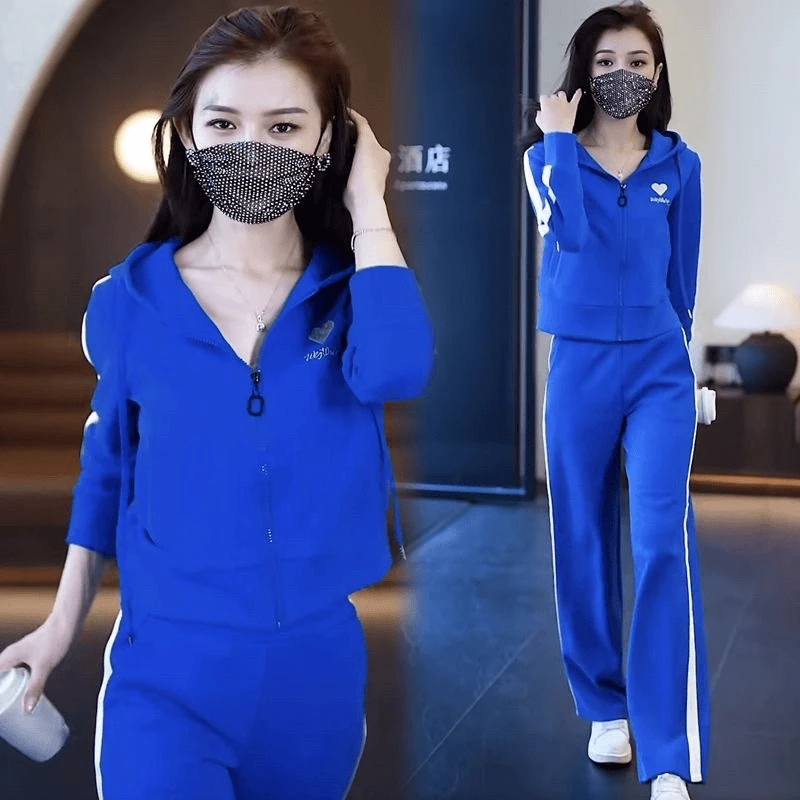 连帽运动套装女秋季2024新款时尚气质卫衣跑步休闲服阔腿裤两件套