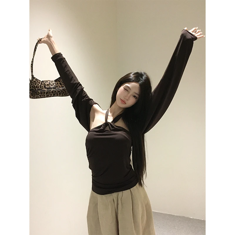 【清清】韩辣天菜 气质挂脖吊带背心女长袖开衫两件套2410724