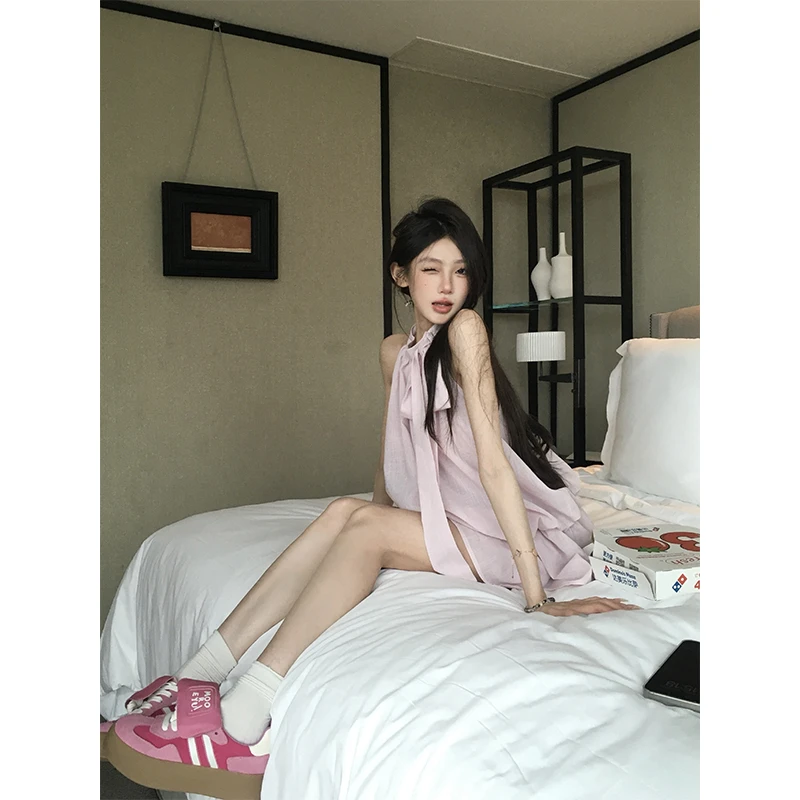 【现货】告白信号 甜美温柔挂脖无袖清凉显瘦连衣裙2410578