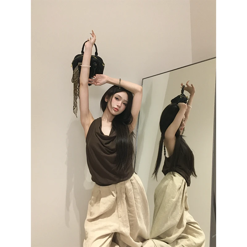 【现货】春烟郁色 气质荡领挂脖上衣扭绳设计吊带上衣2410722