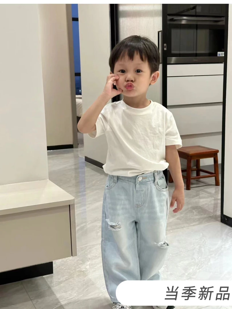 儿童牛仔裤2025春夏洋气款男童宽松直筒裤宝宝破洞长裤时尚百搭款