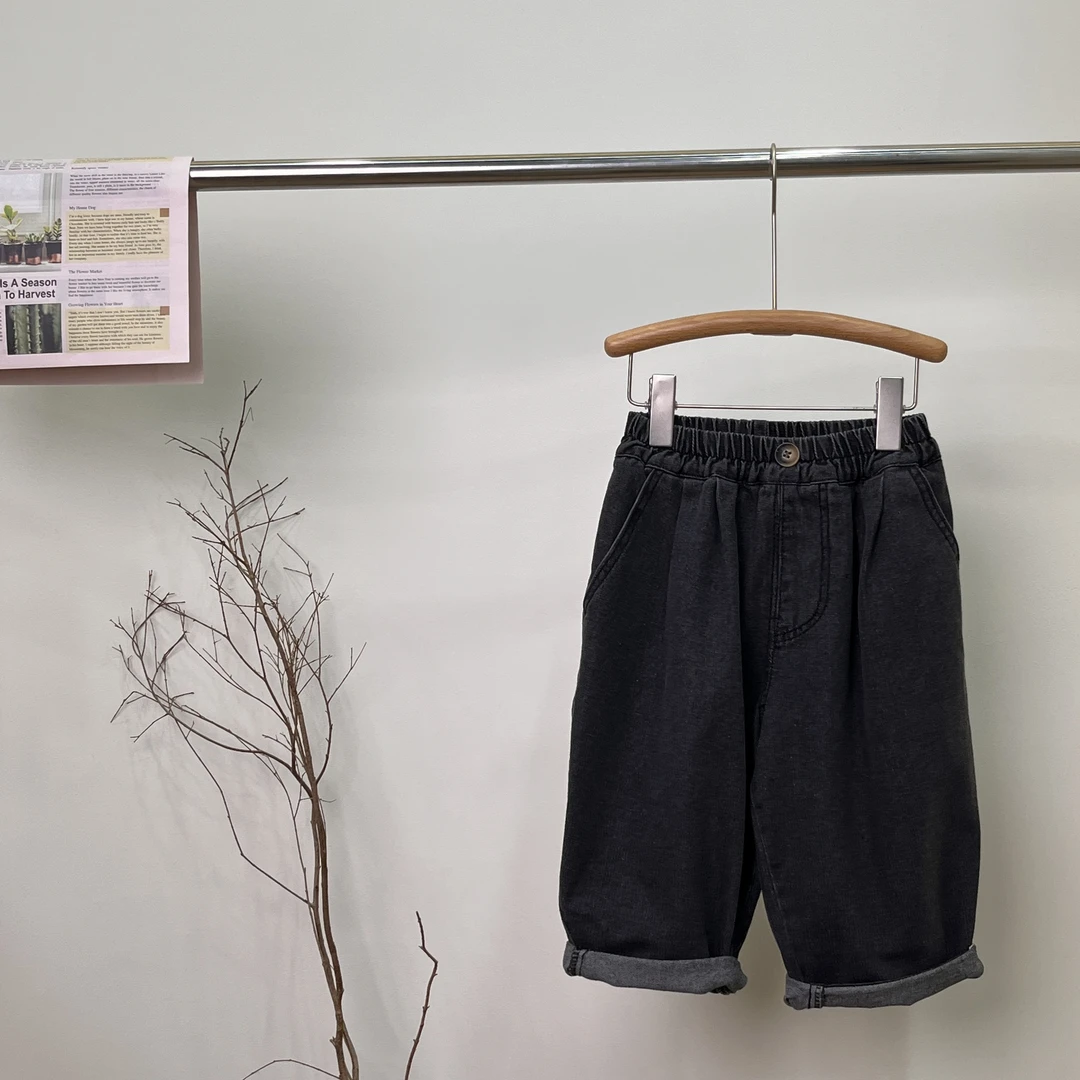 2024新款韩系儿童男童百搭韩版黑色纯色春季阔腿牛仔裤7207