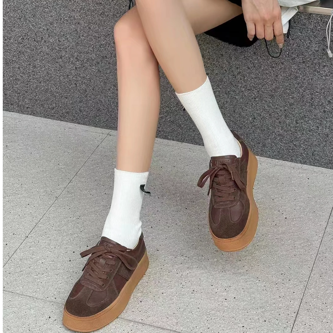 德训鞋女板鞋平底真皮2024新款秋季中跟磨砂真皮黄色系带638